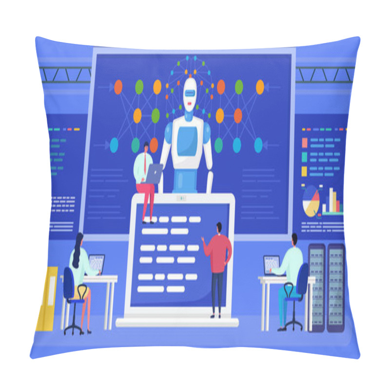 Personality  Artificial Intelligence, Neural Network Vector Illustration, Cartoon Flat Tiny People Networking, Futuristic Ai Technology Background Pillow Covers