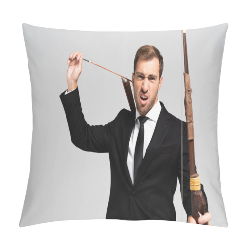 Personality  Angry Businessman In Suit Holding Bow And Arrow Isolated On Grey  Pillow Covers