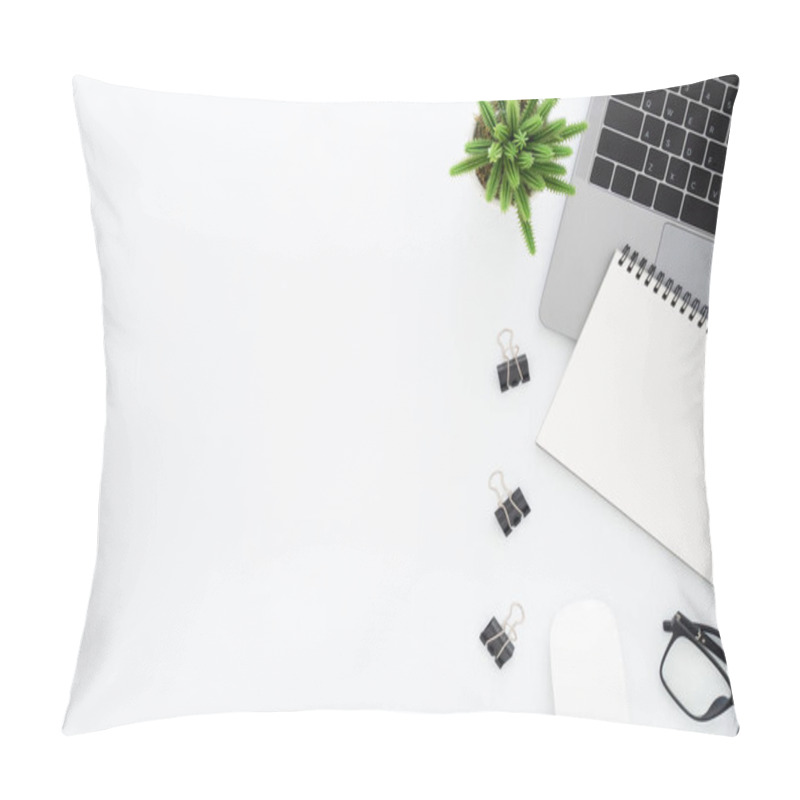 Personality  Creative Flat Lay Photo Of Workspace Desk. Top View Office Desk With Laptop, Glasses, Notebook And Plant On White Color Background. Top View With Copy Space, Flat Lay Photography. Pillow Covers