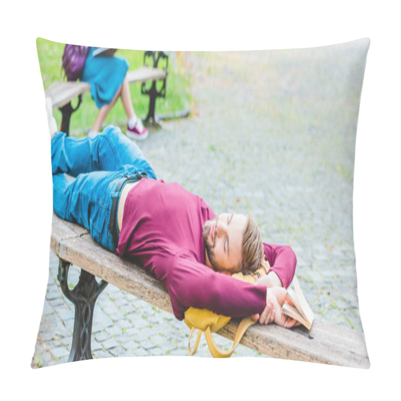 Personality  Selective Focus Of Student Sleeping On Wooden Bench In Park Pillow Covers