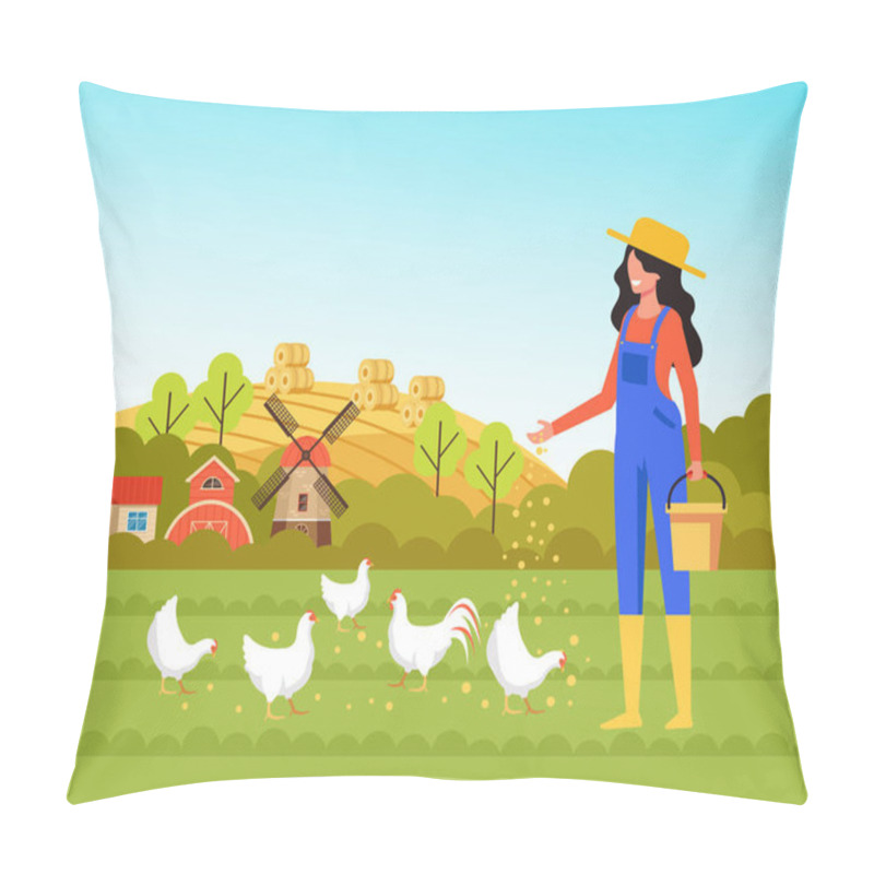 Personality  Woman Farmer Worker Character Feeding Chickens. Farming Agriculture Concept. Vector Flat Cartoon Graphic Design Illustration Pillow Covers