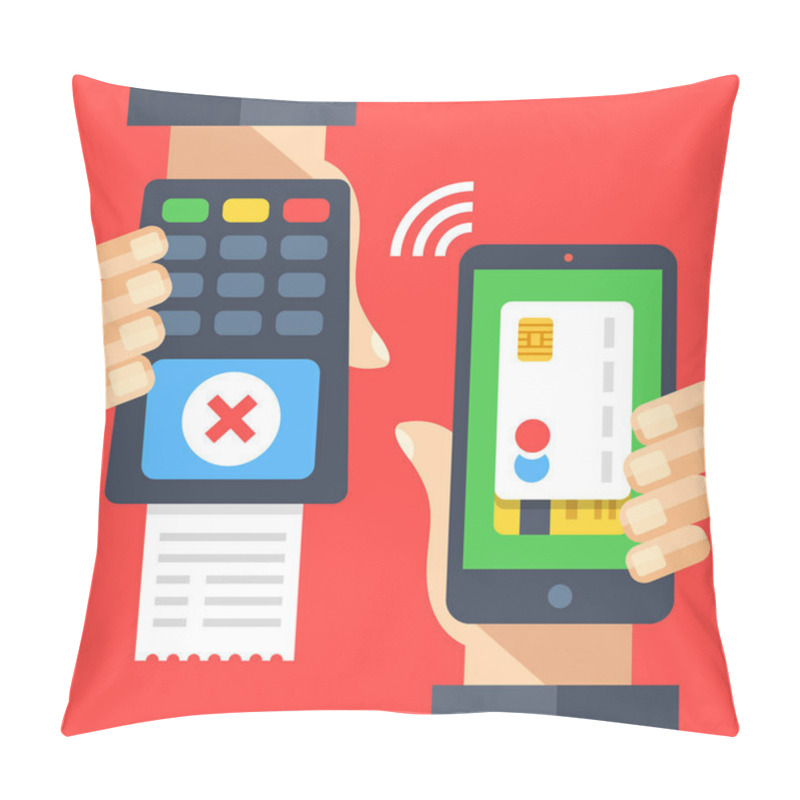 Personality  Hand Holding Payment Terminal With Cross Check Mark And Receipt, Hand Holding Smartphone With Credit Card. Rejected Transaction, Wrong Pin Entry, Insufficient Funds. Flat Design Vector Illustration Pillow Covers