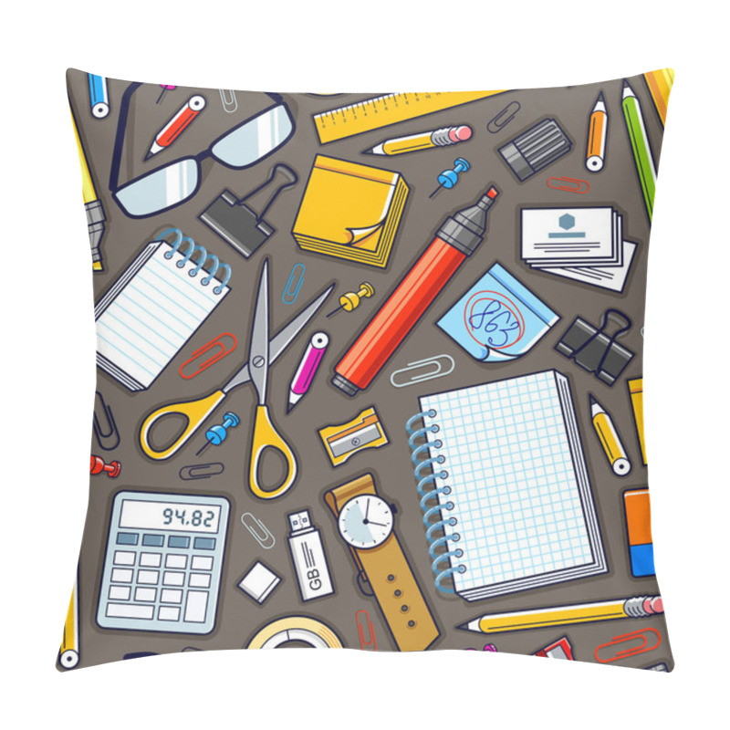 Personality  Work Office Desk Top View With A Lot Of Different Stationery Elements Seamless Vector Wallpaper, Business Job Theme Image With Diversity Objects Illustrations Pic. Pillow Covers