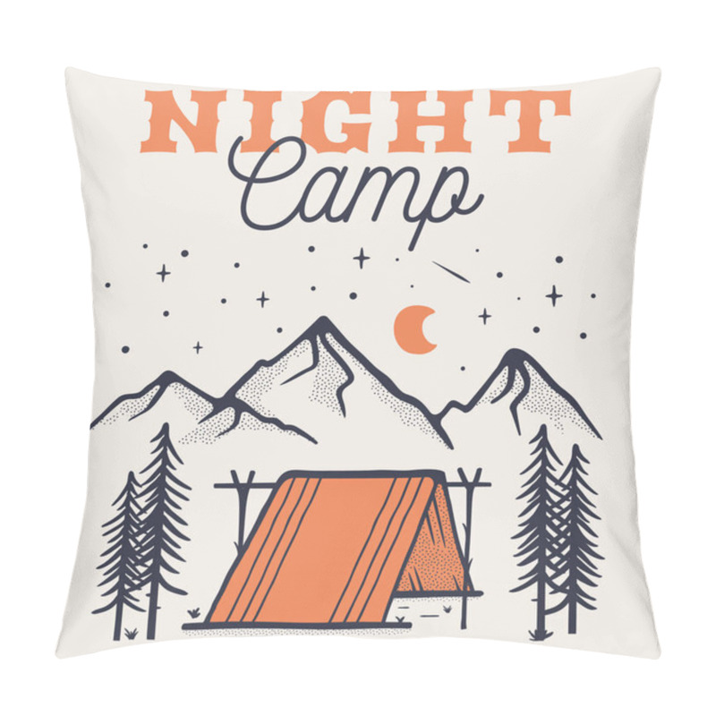 Personality  Night Camping Logo Poster Template, Retro Mountain Adventure Emblem Design With Mountains, Tent. Unusual Vintage Art Style Sticker. Stock Vector Label. Pillow Covers