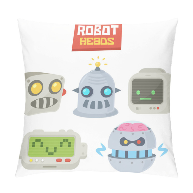 Personality  Vintage Comic Retro Vector Illustration Computer Robot Heads Logo Icons Set Template Isolated On White Pillow Covers