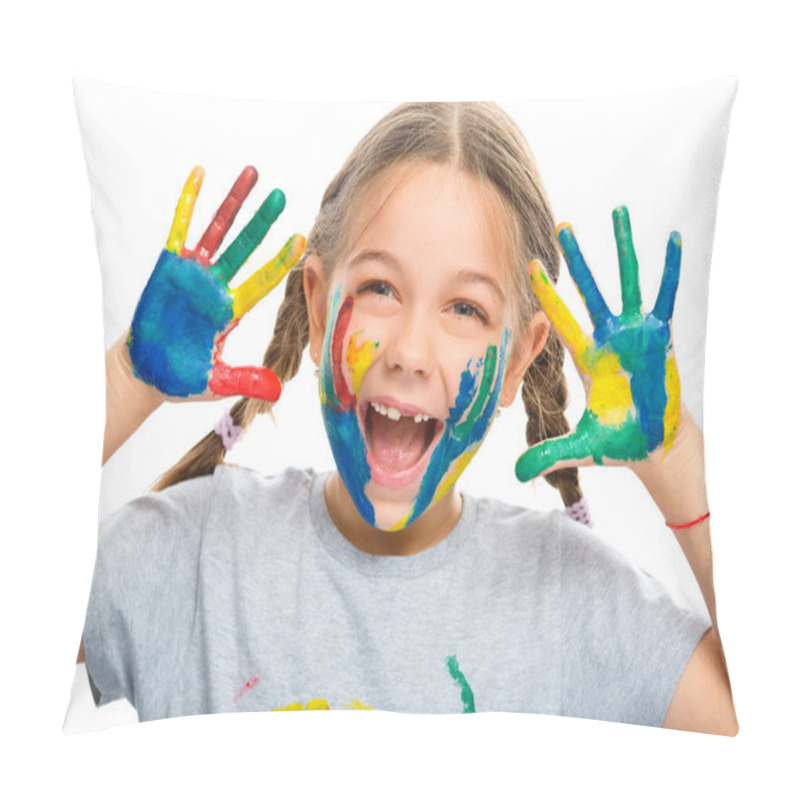 Personality  Portrait Of A Cute Girl Playing With Paints Pillow Covers