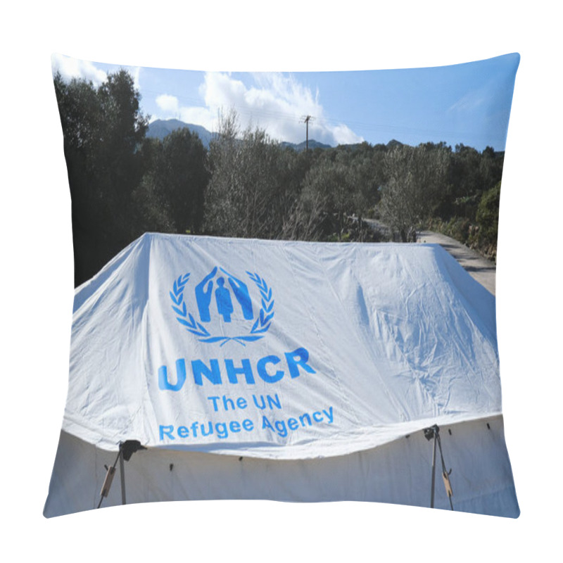 Personality  Tents Of The UNHCR, The United Nations Agency For Refugees, In Makeshift Camp In Mytilene, Greece On March 4, 2020 Pillow Covers