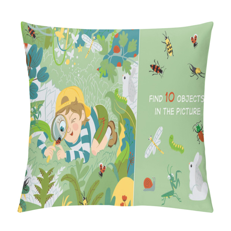 Personality  An Inquisitive Child Examines, Studies Insects In The Meadow. Find 10 Hidden Objects In The Picture. Hidden Objects Puzzle. Vector Illustration Pillow Covers