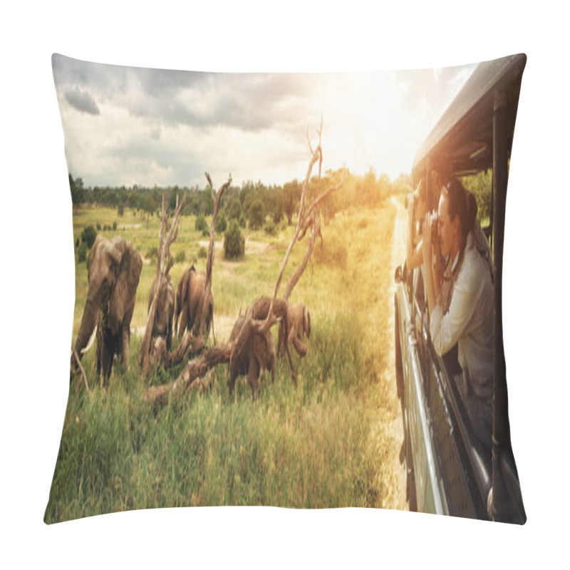 Personality  A Group Of Young People Watch And Photograph Wild Elephants On A Safari Tour In A National Park. Island Sri Lanka. Pillow Covers