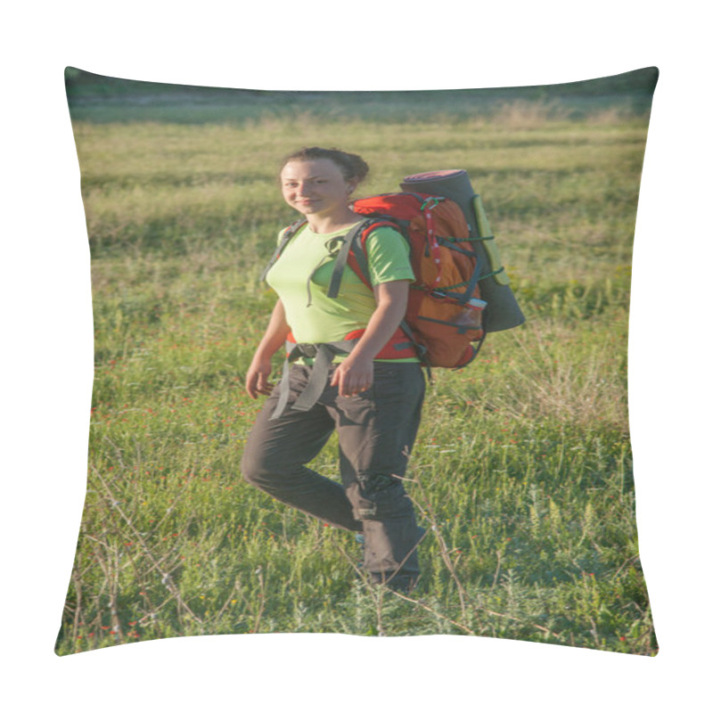 Personality  Happy Smiling Woman In Field. Green Grass In Foreground And Clear Sky In Background. Pillow Covers