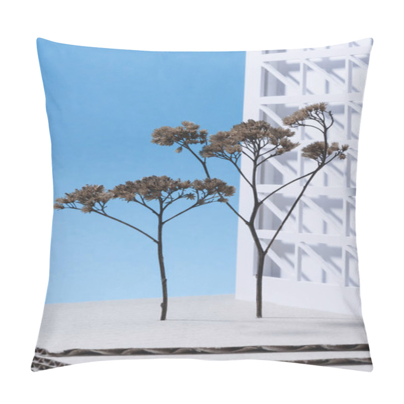 Personality  Close Up View Of White Building Model With Miniature Trees On Blue Background Pillow Covers