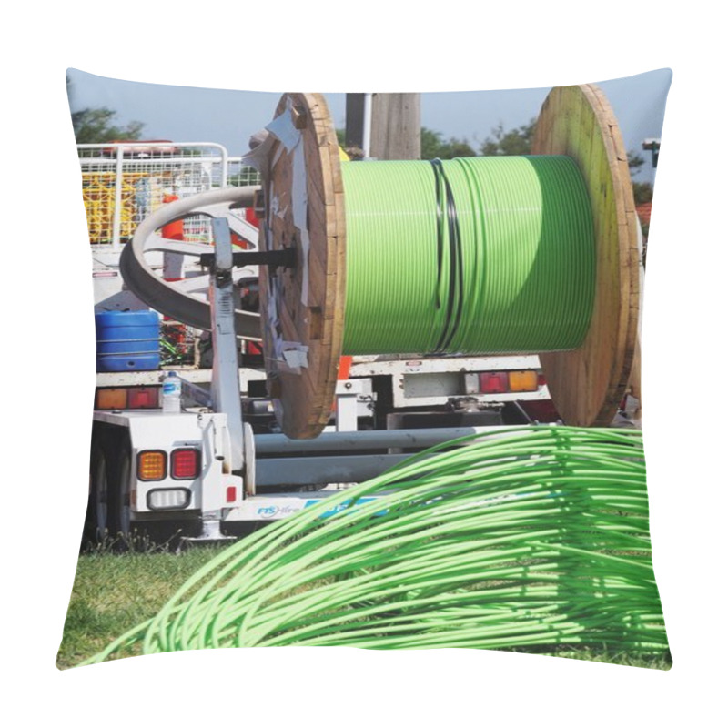 Personality  Green NBN Fiber Optic Cable Piled Up Behind An Installation Truck Pillow Covers