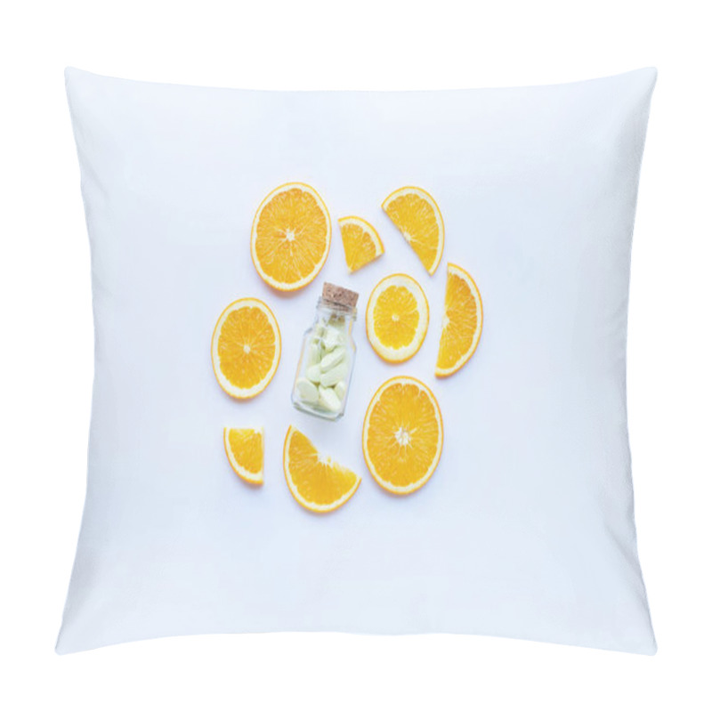 Personality  Vitamin C Bottle And Pills With Orange Fruit Slices On White Background. Pillow Covers