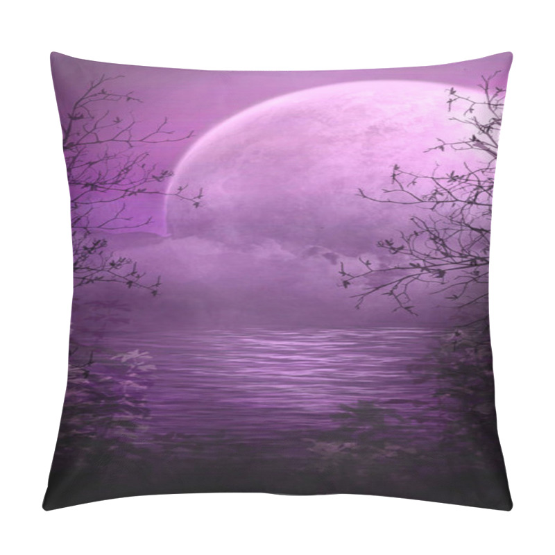 Personality  Mysterious Lilac Landscape With A Large Glowing Pink Moon And Mystical River Covered In Fog, Nature With Dark River Bank, With Gloomy Waters And Vegetation, With Silhouettes Of Trees And Bushes. Pillow Covers