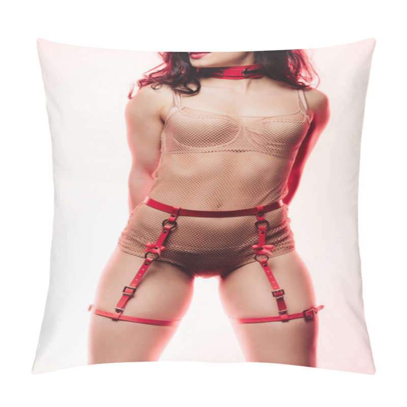 Personality  Cropped View Of Sexy Young Woman In Beige Lingerie, Red Collar And Swordbelt On Light Background Pillow Covers