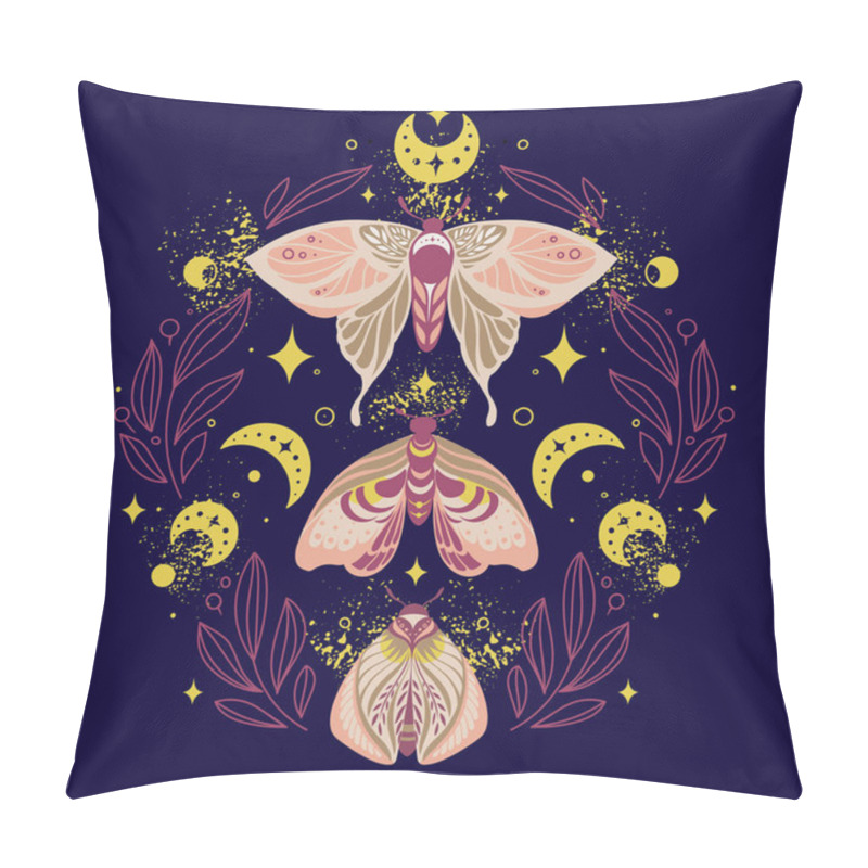 Personality  Composition Of Three Butterfly Night Moths In A Frame Of Twigs With Crescents, Stars And Fairy Dust On Dark Background. Vector Symmetric Celestial Boho Print Pillow Covers