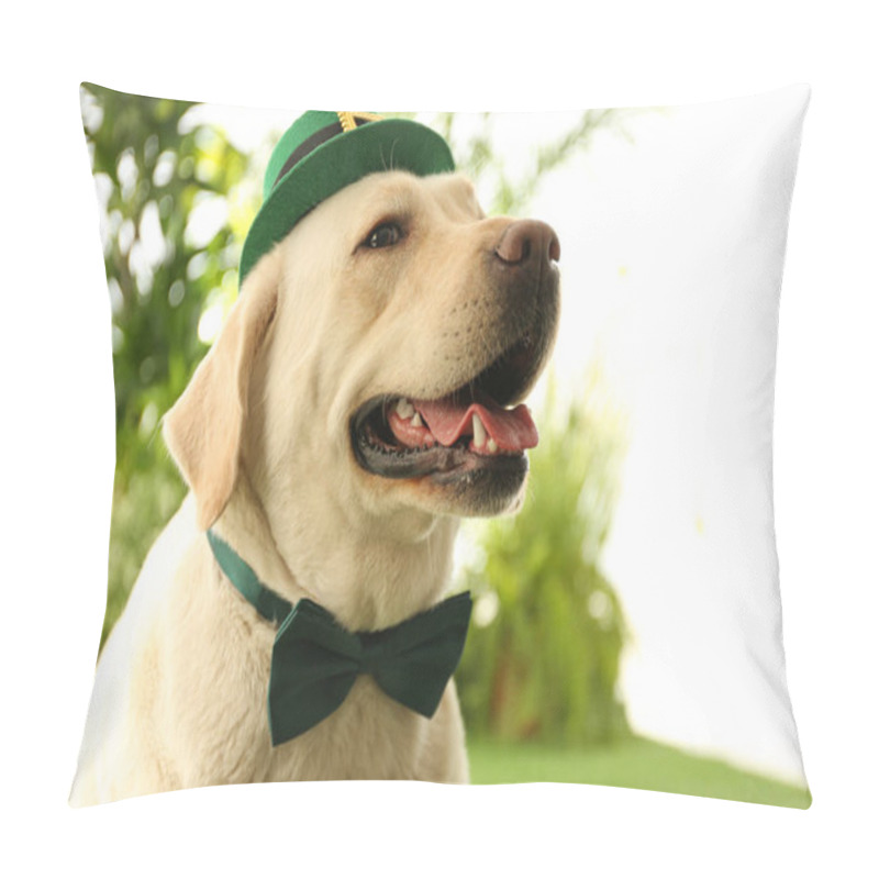 Personality  Labrador Retriever With Leprechaun Hat And Bow Tie Outdoors, Closeup. St. Patrick's Day Pillow Covers