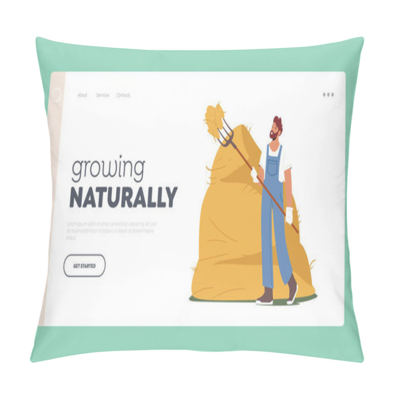 Personality  Farm Harvesting, Raking Hay Landing Page Template. Farmer Hold Pitchfork And Sticking In Haystack. Villager Agriculture Pillow Covers