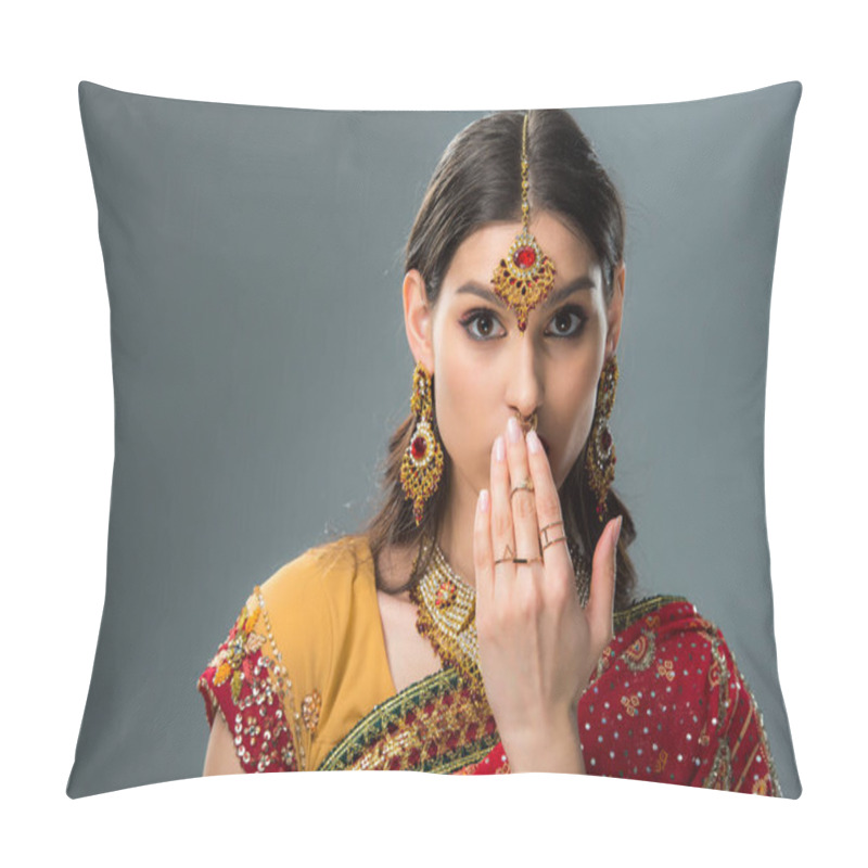 Personality  Surprised Indian Woman Closing Mouth, Isolated On Grey  Pillow Covers