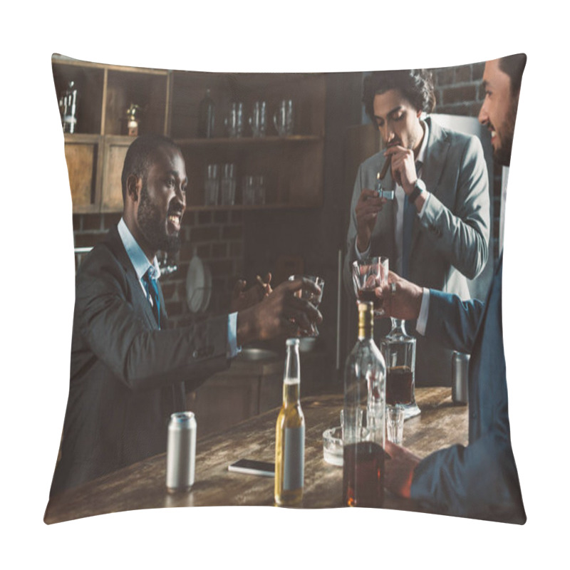 Personality  Cropped Shot Of Smiling Multiethnic Male Friends In Suits Drinking Alcoholic Beverages And Smoking Cigars Together Pillow Covers