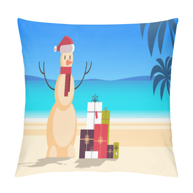 Personality  Sandy Christmas Snowman With Gift Present Boxes Happy New Year Vacation Holiday Celebration Concept Tropical Beach Seascape Background Full Length Flat Horizontal Pillow Covers