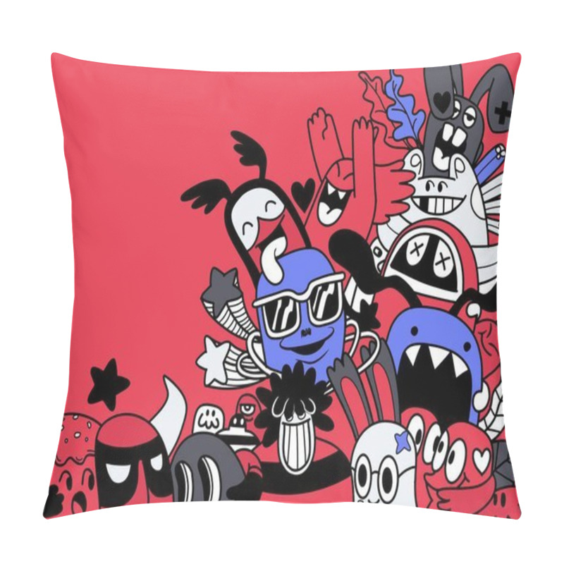 Personality  A Vibrant Illustration Of Cartoon Doodle Characters With Varied Expressions On A Bold Red Background, Showcasing Playful And Whimsical Designs Pillow Covers