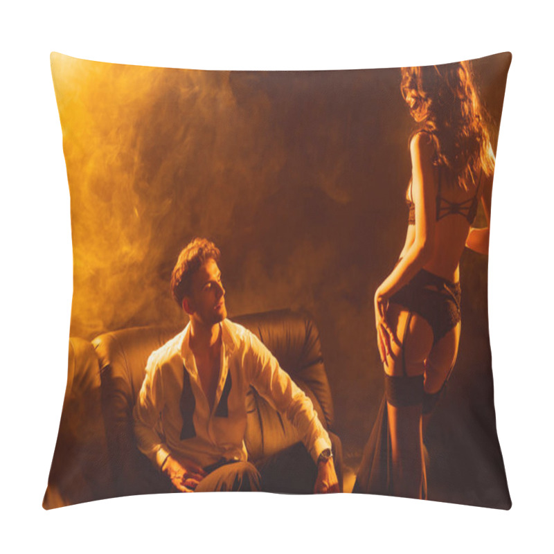 Personality  Sexy Woman In Underwear Standing Near Passionate Man In Suit On Black With Smoke Pillow Covers