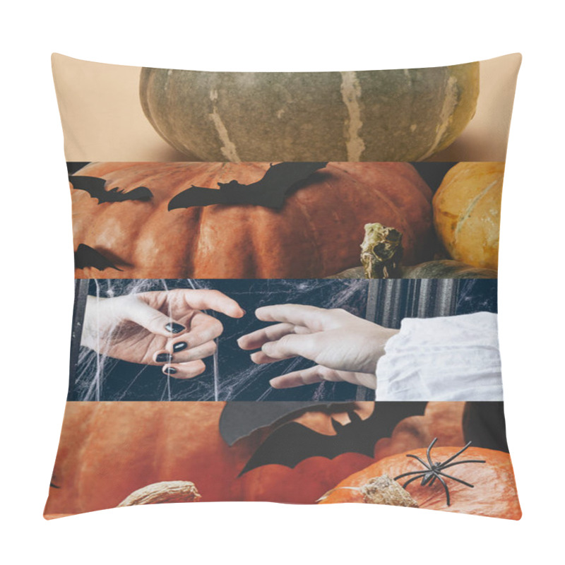 Personality  Collage Of Traditional Halloween Pumpkins With Decorative Bats And People Hands Pillow Covers