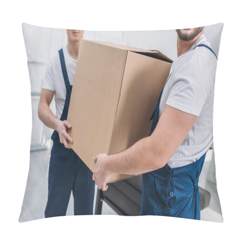 Personality  Partial View Of Two Movers Transporting Cardboard Box In Apartment Pillow Covers