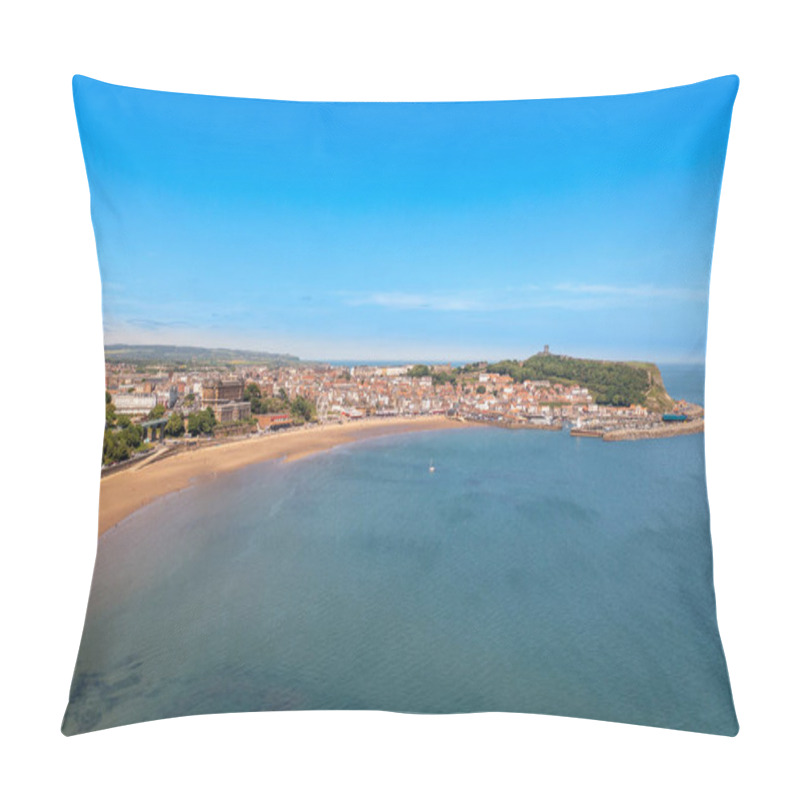 Personality  Aerial Drone Photo Of The Beach Front In The Town Of Scarborough In North Yorkshire, England UK Showing People Relaxing And Having Fun On The Beach On A Sunny Summers Day Pillow Covers