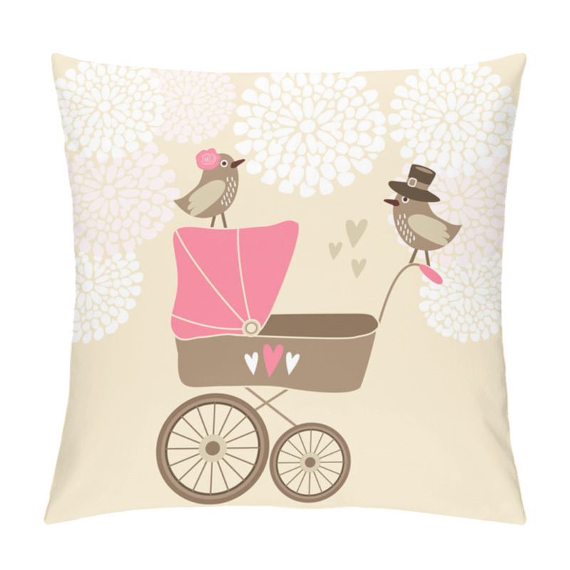 Personality  Cute Baby Shower Invitation, Birthday Card With Baby Carriage, Birds And Flowers, Vector Illustration Background Pillow Covers