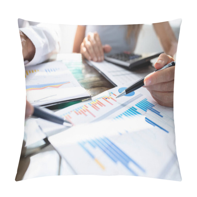 Personality  Mid- Section Of Two Businesspeople Analyzing Graph Over Office Desk Pillow Covers