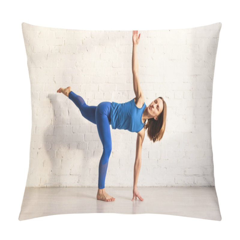 Personality  Athletic Woman In Blue Sportswear Doing Revolved Half Moon Exercise Pillow Covers