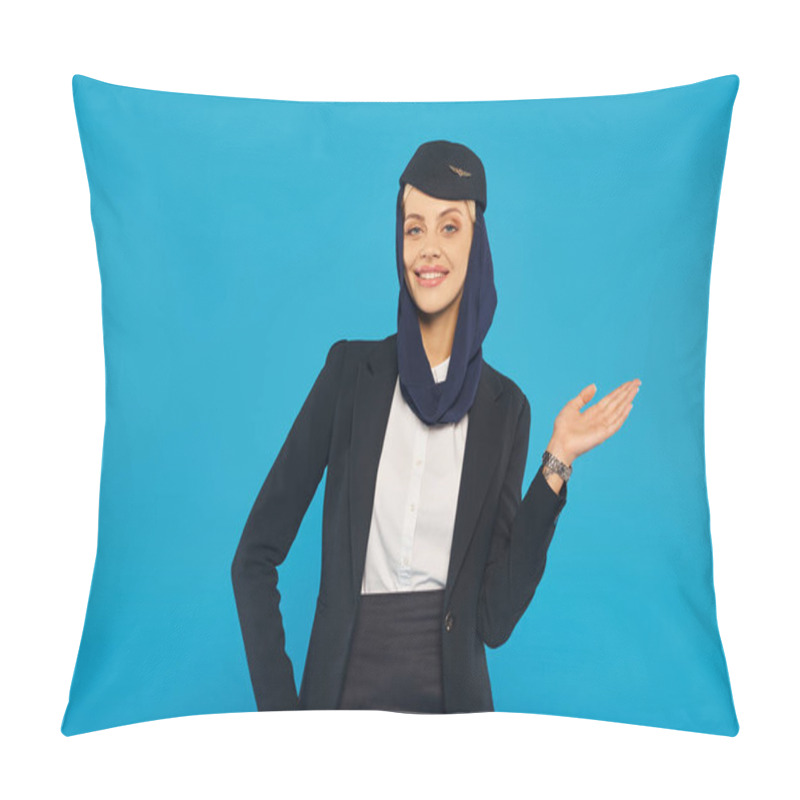 Personality  Arabian Airlines Hospitality, Smiling Stewardess In Headscarf And Uniform Showing Direction On Blue Pillow Covers