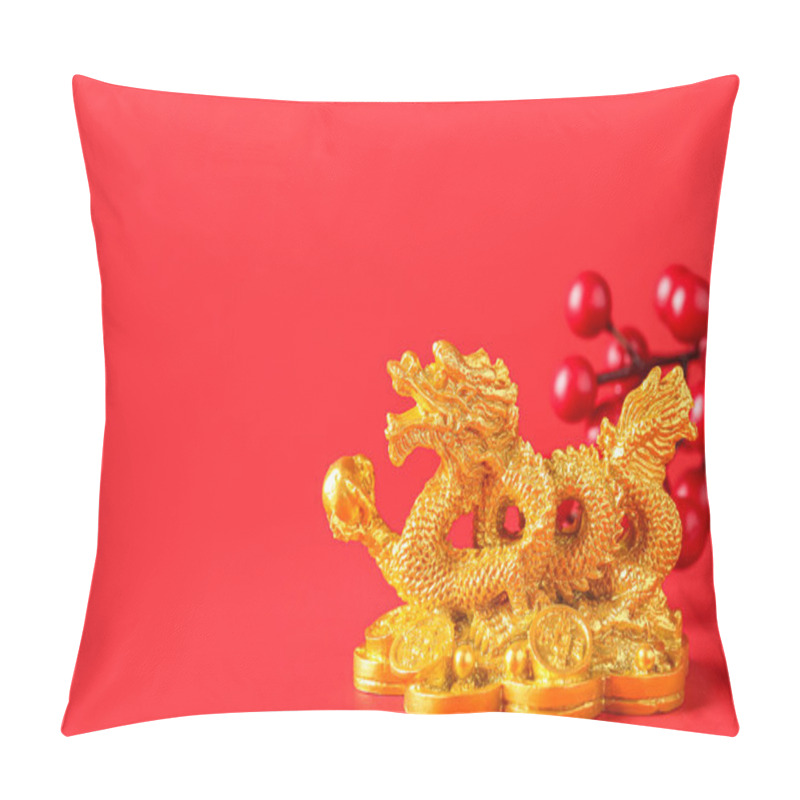 Personality  Golden Dragon Figurine With Berries On Red Background, Closeup. Chinese New Year Celebration Pillow Covers