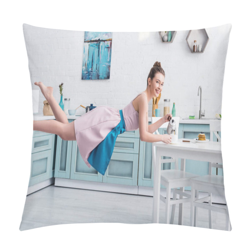 Personality  Happy Beautiful Young Woman Levitating In Air And Pouring Tea In Cup From Teapot In Kitchen Pillow Covers