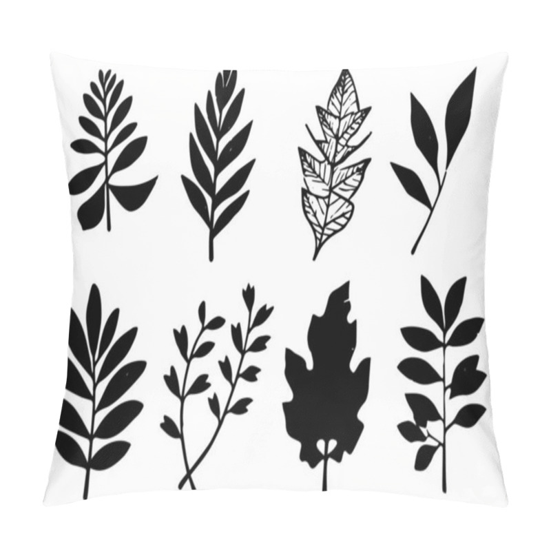 Personality  Set Of Lino Cut Vector Stamp Black Leaves And Branch Imprints On White Background. Hand Drawn Floral Elements Pillow Covers