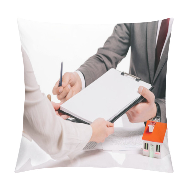 Personality  Cropped View Of Mortgage Broker And Woman Making Deal Isolated On White, Mortgage Concept Pillow Covers