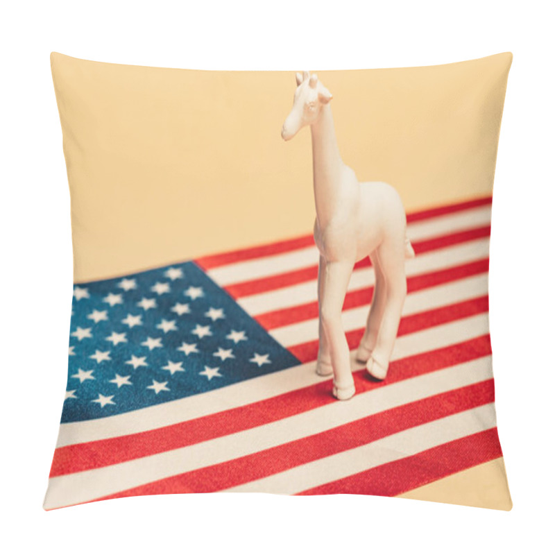 Personality  White Toy Giraffe On American Flag On Yellow Background, Animal Welfare Concept Pillow Covers