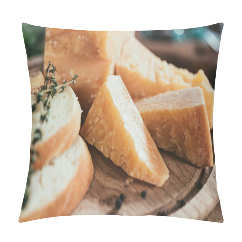 Personality  Close-up View Of Delicious Parmesan Cheese And Slices Of Fresh Baguette On Wooden Cutting Board  Pillow Covers