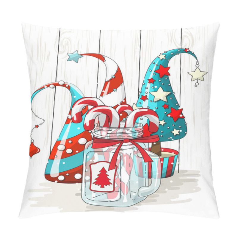 Personality  Group Of Abstract Christmas Trees And Glass Jar With Candy Canes, Holiday Motive, Illustration Pillow Covers