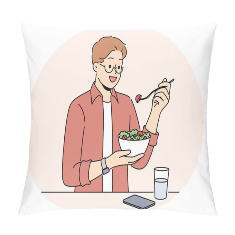 Personality  Smiling Man Eat Vegetable Salad Drink Clear Water. Happy Male Follow Healthy Diet Care About Nutrition. Vector Illustration. Pillow Covers