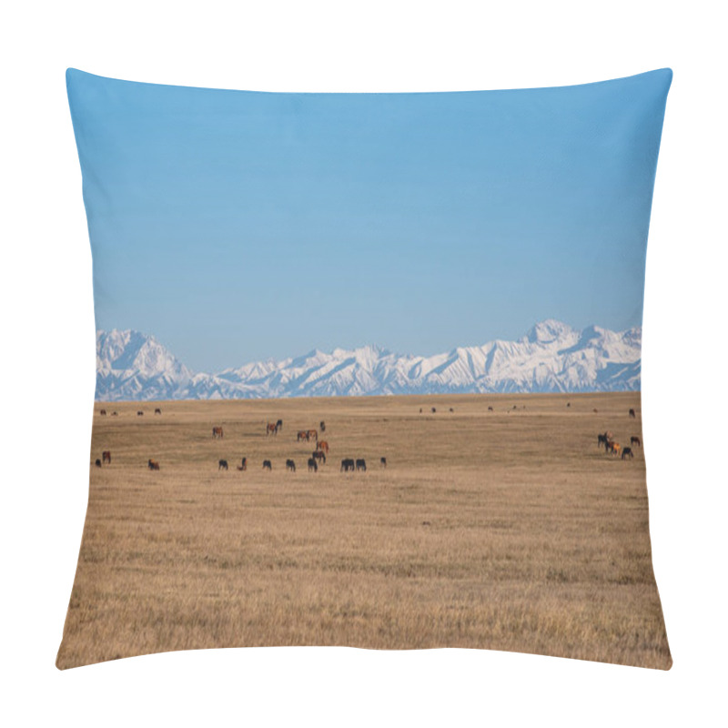 Personality  A Herd Of Dark Silhouetted Horses Grazes On A Vast, Golden Prairie, With A Delicate Dusting Of Snow On Distant Rolling Hills Under A Serene, Expansive Blue Sky. Pillow Covers