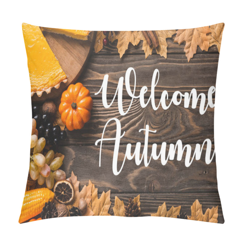 Personality  Top View Of Decoration And Pumpkin Pie Near Welcome Autumn Lettering On Wooden Background Pillow Covers