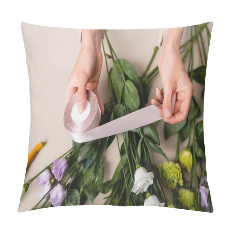 Personality  Top View Of Florist Holding Decorative Ribbon While Arranging Bouquet With Eustoma Flowers Pillow Covers