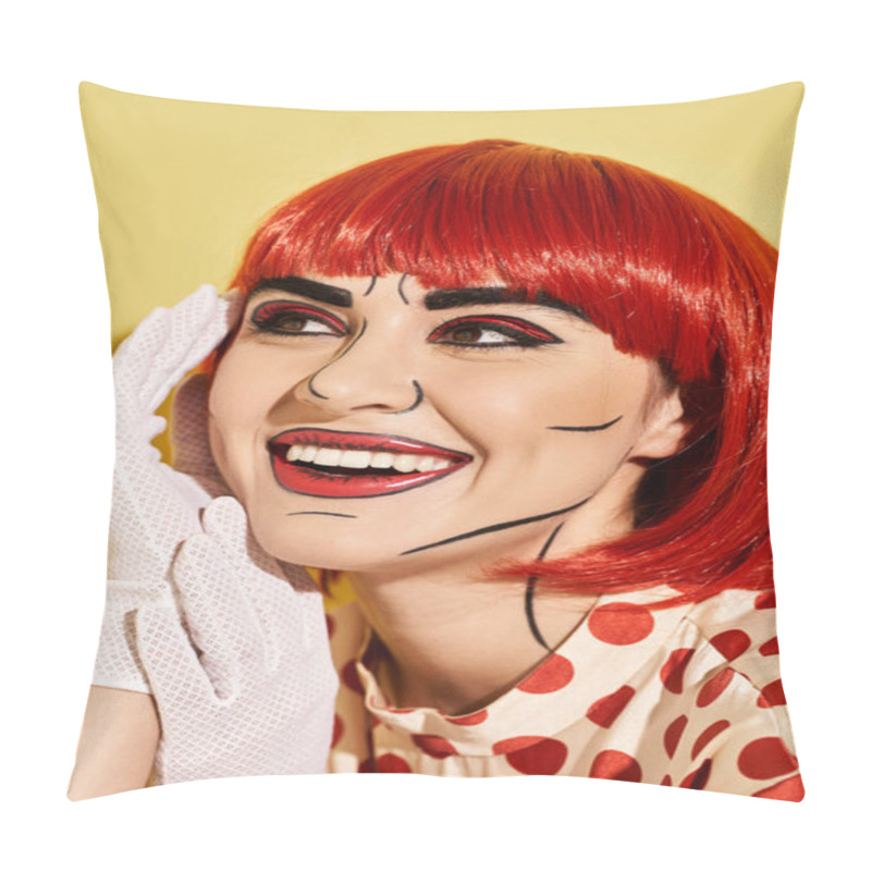 Personality  A Vibrant Red-haired Woman Wearing A Polka Dot Dress And White Gloves Inspired By A Comic Book Character. Pillow Covers