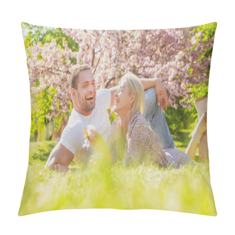 Personality  Happy Spring Couple In Love Having Fun. Beautiful Smiling Young Lovers Enjoying Flowering Garden. Pillow Covers