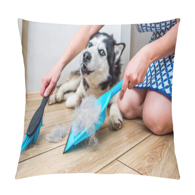 Personality  A Woman Removes Dog Hair After Molting A Dog With A Dustpan And Broom At Home. Cleaning Dog Hair At Home. Pet Care. Pillow Covers