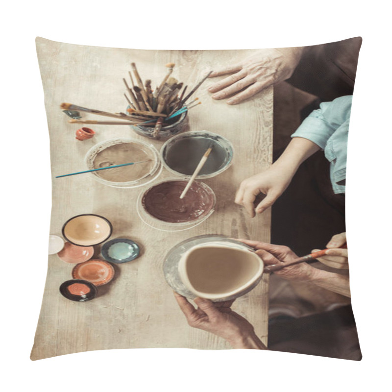 Personality  Overhead View Of Girl Painting Clay Pot And Grandparents Helping At Workshop Pillow Covers