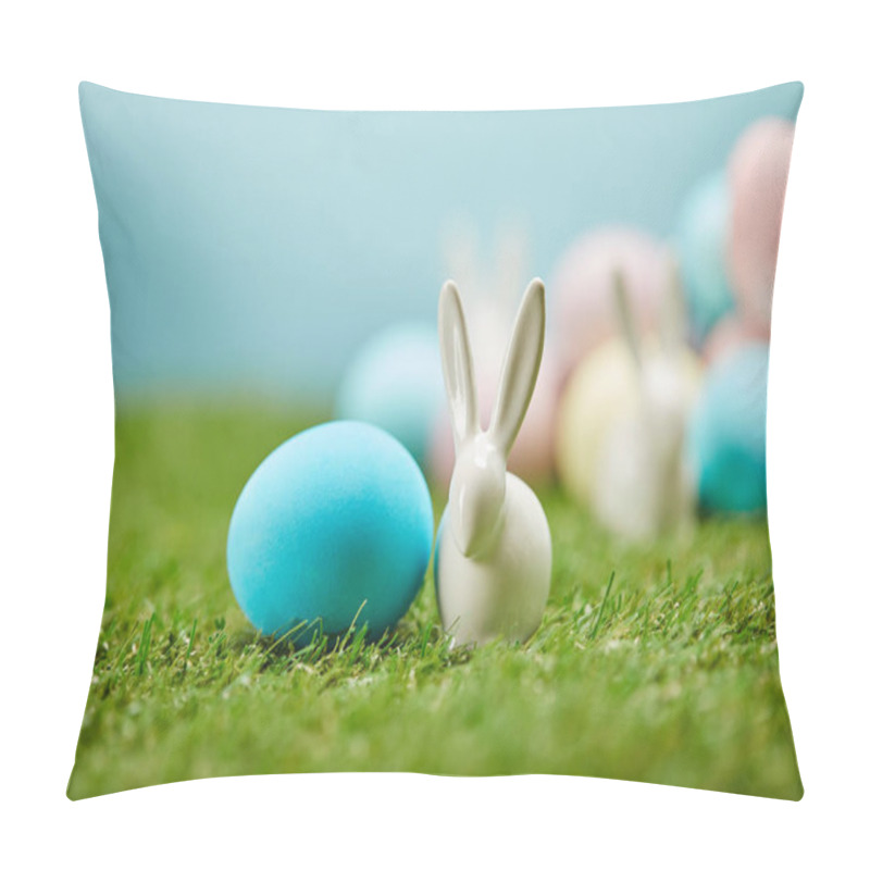 Personality  Selective Focus Of Painted Easter Eggs And Toy Rabbits On Grass With Copy Space  Pillow Covers